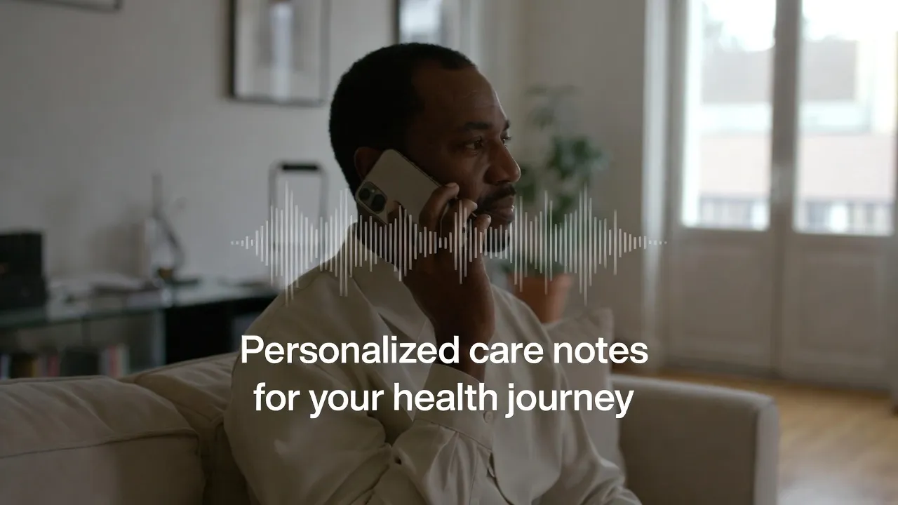 A person on a phone call with a waveform overlay representing personalized care notes for a continuous health journey
